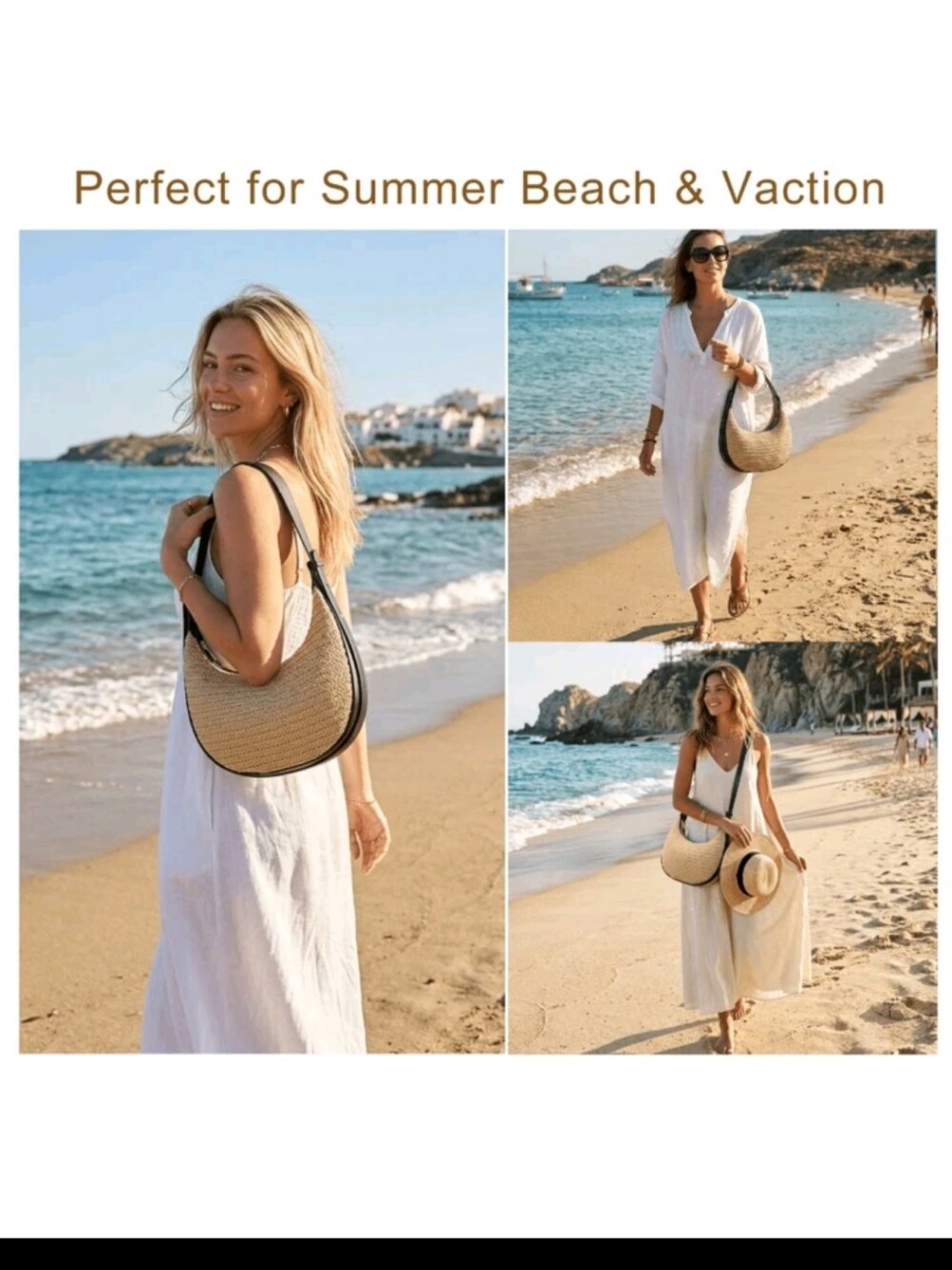 Woven Crescent Shoulder Bag in Natural and Black - Picture 5 of 7